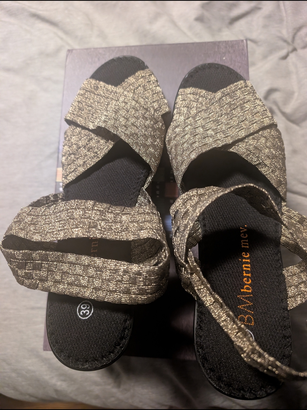 bernie mev. Metallic Gold Crisscross Stretch Sandals